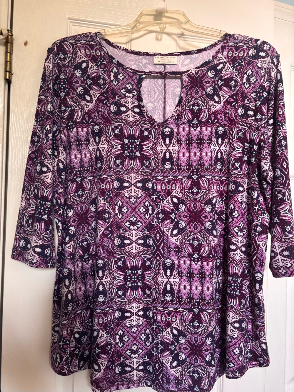 Bobbie Brooks Purple Multi-Print Keyhole 3/4 Sleeve Tunic